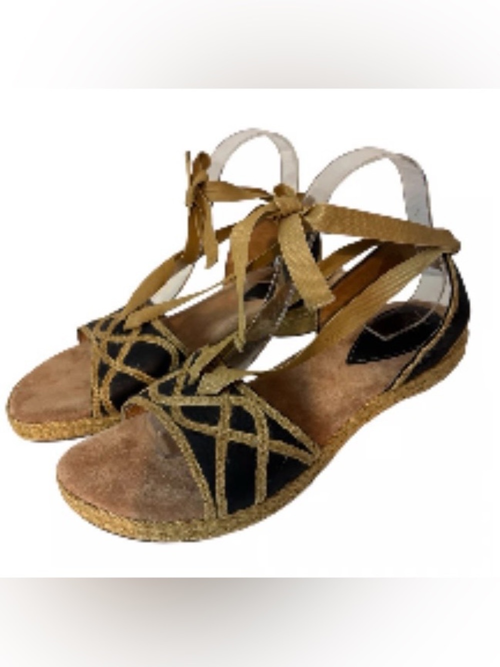 Clarks Artisan Collection Black Leather/ Jute Ankle Lace Wedge Sandals  Sz 7.5